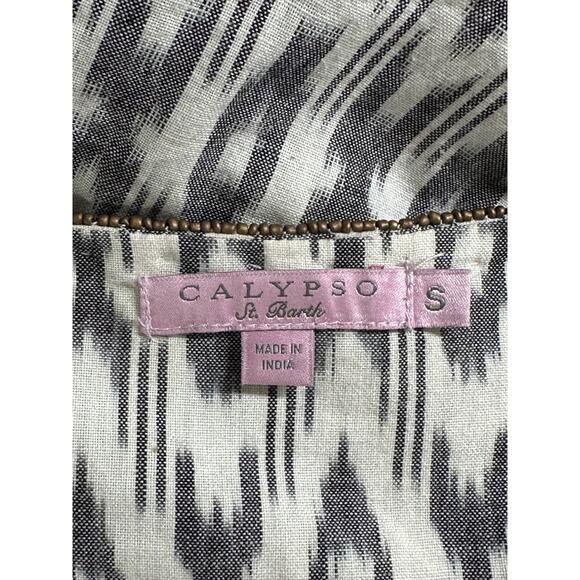 Calyso St Barth Top Women Small Gray Cream Tunic Cotton Beaded Sheer Beachy Boho - Picture 6 of 8